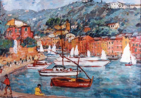 Barche a Portofino, 1976, olio su tela, 70 x 100 cm