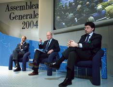 Nella foto: da sinistra, gli Onorevoli Letta, Tabacci e Giorgetti all'assemblea dell'Unione Industriali