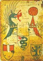 Nella foto: Libro degli Statuti Varesini (1389), ripoduzione della contro-copertina, con stemmi nobiliari (Visconti, Griffi)